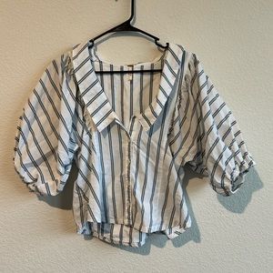 Free People Blouse White Blue Stripe Size XS Puffy Sleeves Cotton Back Tie